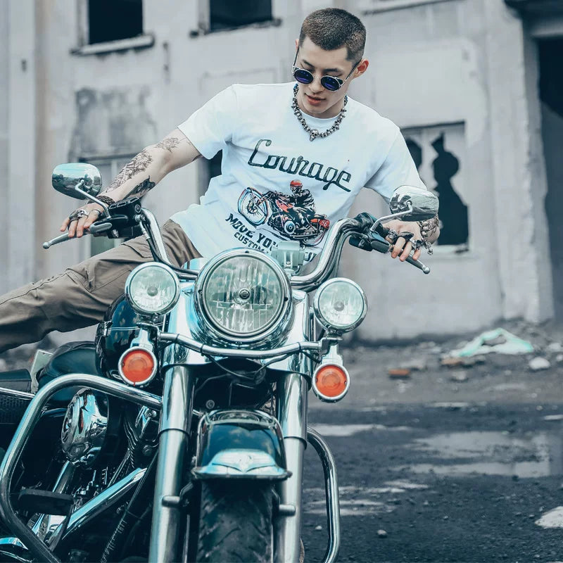 Hand drawn European and American motorcycle racing, mobile phone car printing pattern, pure cotton trendy short sleeved T-shirt, off-road riding MOTO