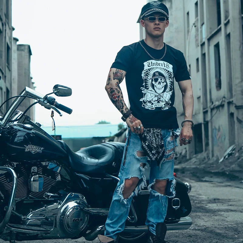 European and American fashion brands, personalized street tough guy, Thai skull, short sleeved mmj, rock punk, hip-hop, skateboard, t-shirt, men's fashion