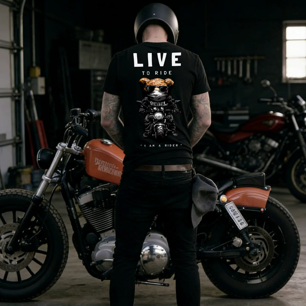 Trendy cartoon teddy bear motorcycle American street motorcycle style printed short sleeved T-shirt men's black trendy brand loose TEE