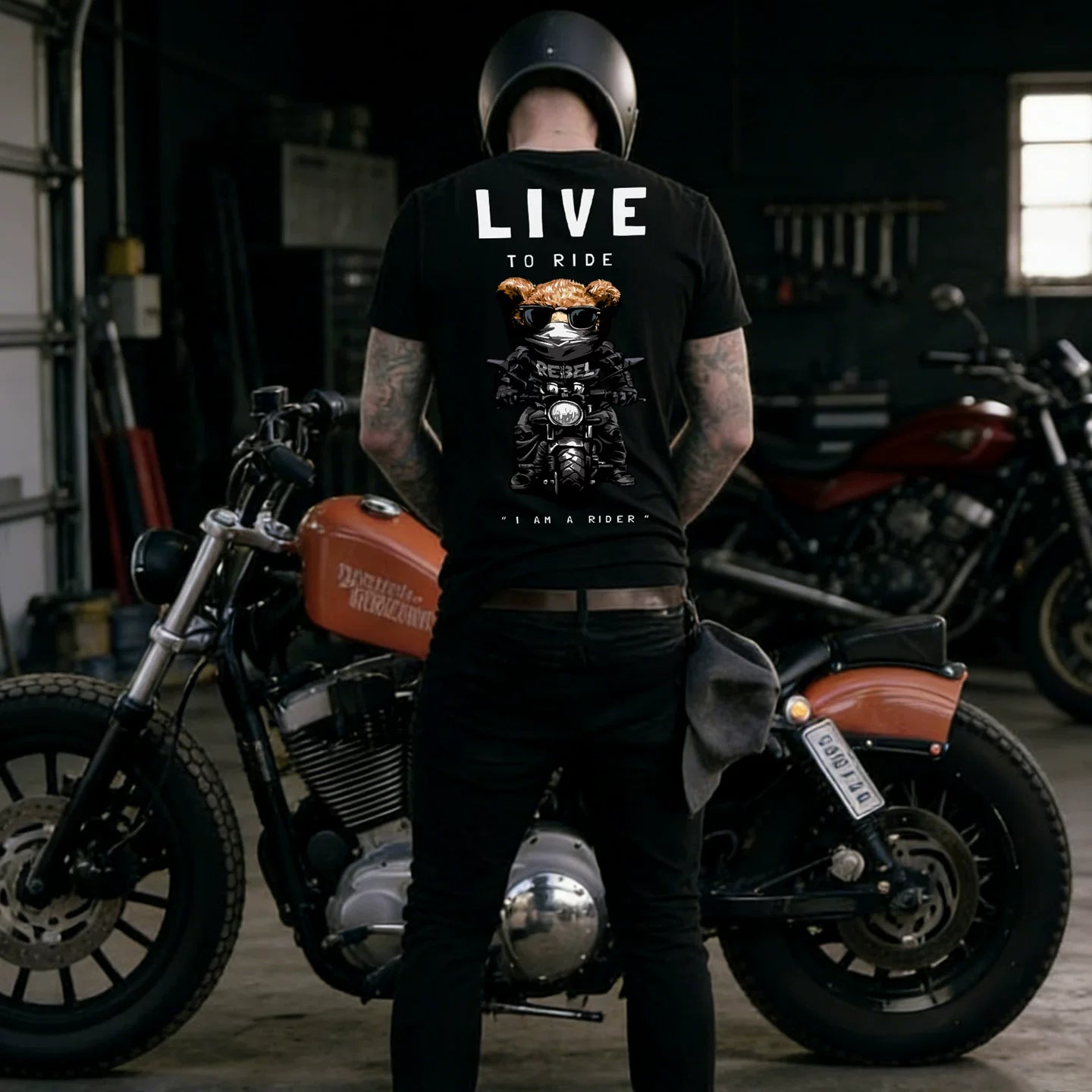 Trendy cartoon teddy bear motorcycle American street motorcycle style printed short sleeved T-shirt men's black trendy brand loose TEE