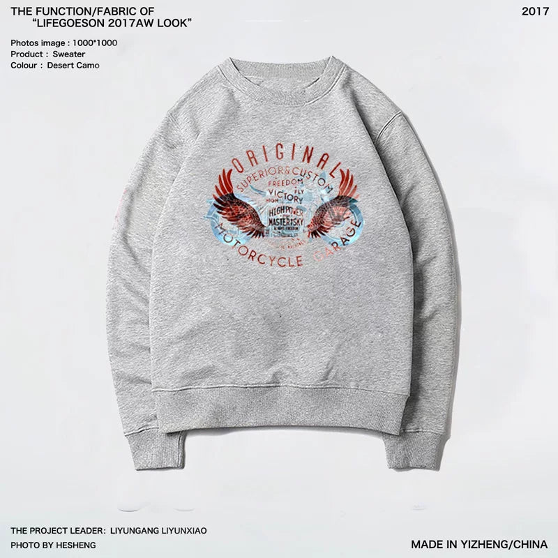 American retro vintage washed Amikaji printed motorcycle hoodie, Japanese vintage men's round neck trendy brand fur loop