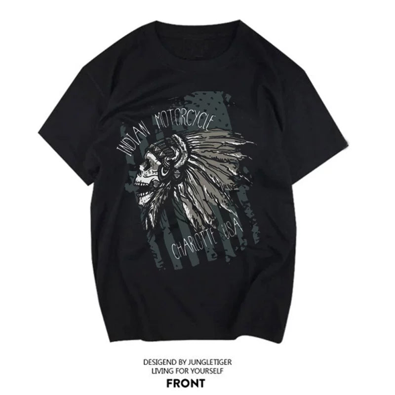 American American, European and American Indian fashion brand short sleeved trendy men's T-shirt pure cotton motorcycle motorcycle punk skull rock
