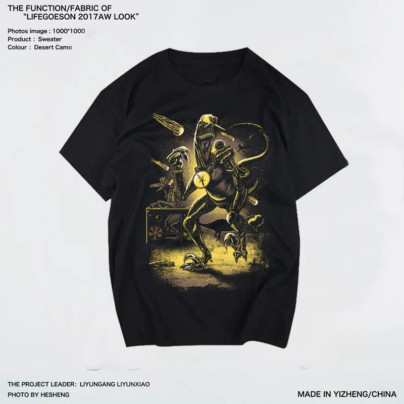 European and American trendy men's short sleeved T-shirt made of pure cotton with cartoon patterns, trendy fashion, personalized graffiti, street hip-hop, dinosaur, loose fit