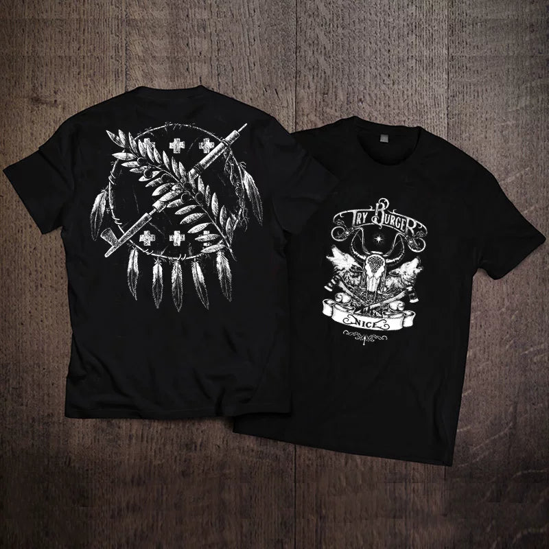 American Amikaji Motorcycle Wind Motorcycle Rider Native American Primitive Retro Eagle Feather Crown Short sleeved T-shirt Male