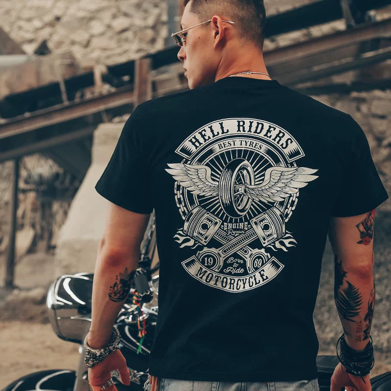 European and American trendy heavy metal rock band retro punk black short sleeved T-shirt motorcycle equipment loose print men