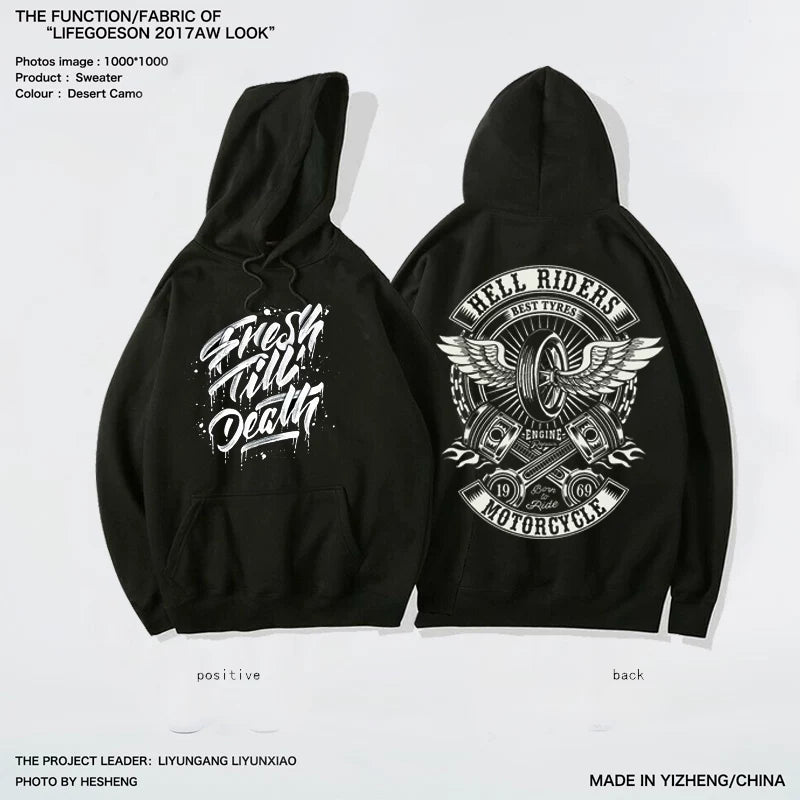 European and American street fashion heavy workwear, Amikaji motorcycle hooded sweatshirt, retro style, vintage American men