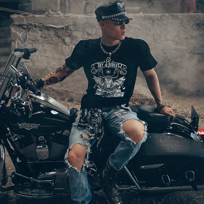 American Amikaji Motorcycle Wind Motorcycle Rider Native American Primitive Retro Eagle Feather Crown Short sleeved T-shirt Male