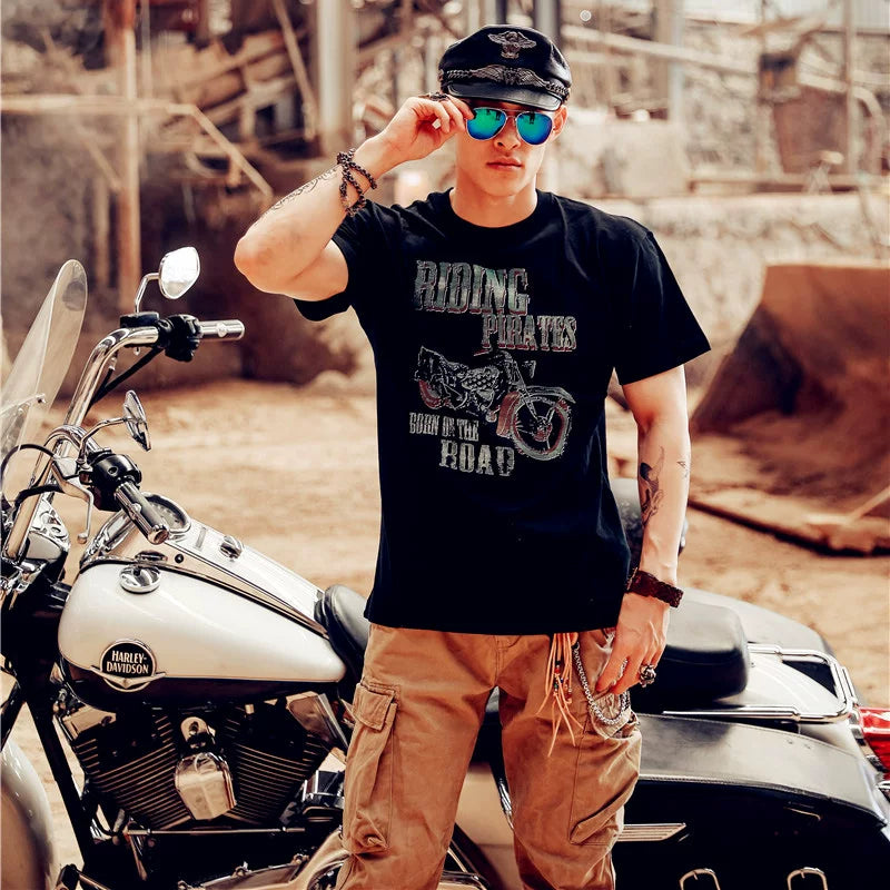 Heavy duty pure cotton American retro short sleeved Tee men's MotorRock motorcycle party trendy short sleeved plain clothes loose T-shirt