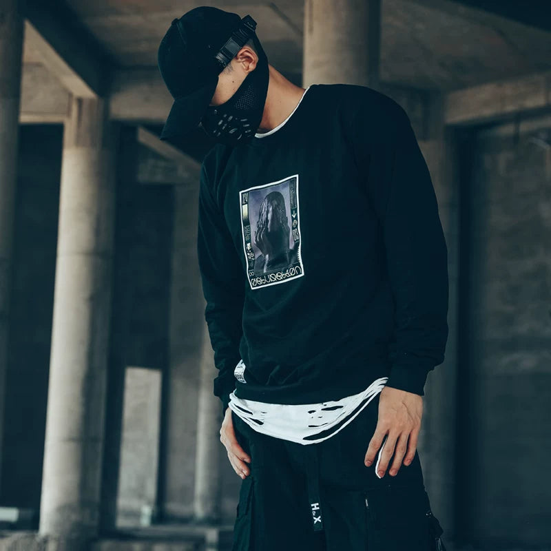 Dark High Street European and American style personalized trendy brand round neck sweatshirt for men, Harajuku style functional style cyberpunk style print