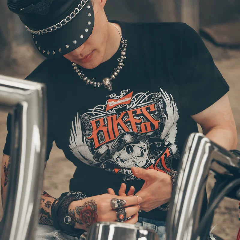 Original European and American retro street fashion brand Gothic style skull men's rock personality exaggerated street style short sleeved t-shirt