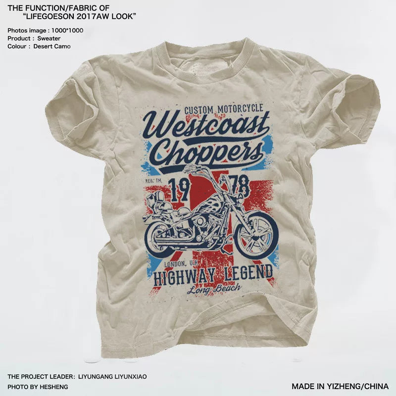 European and American style British retro motorcycle print pure cotton loose summer men's round neck short sleeved T-shirt base shirt youth trendy brand