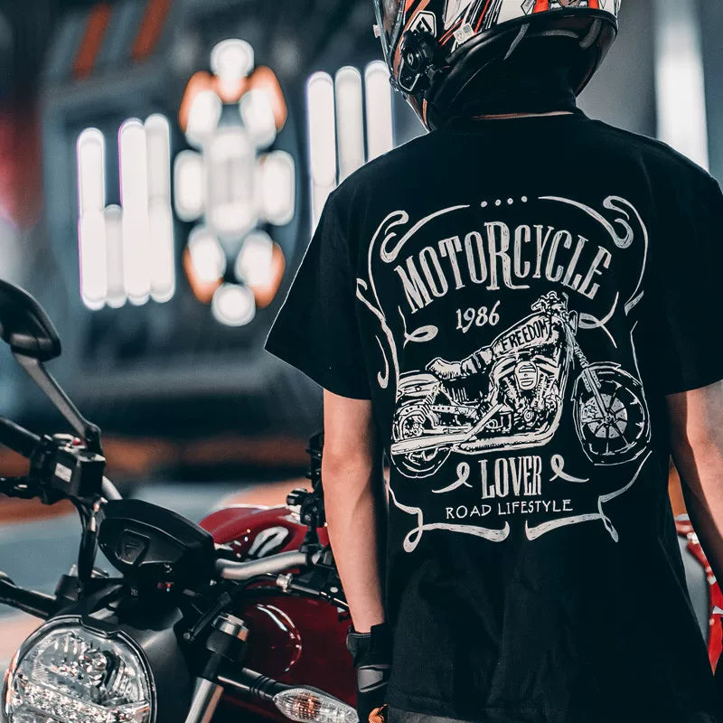 Heavy duty Amikaji American retro round neck short sleeved T-shirt with trendy motorcycle print for young men, half sleeved T-shirt