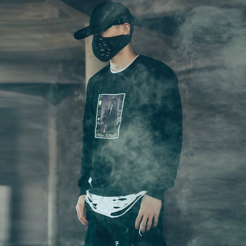 Dark High Street European and American style personalized trendy brand round neck sweatshirt for men, Harajuku style functional style cyberpunk style print