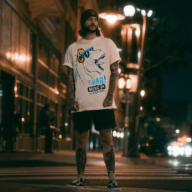 European and American men's short sleeved trendy brand t-shirt, retro casual original style dinosaur, some music buddy, high street cartoon couple