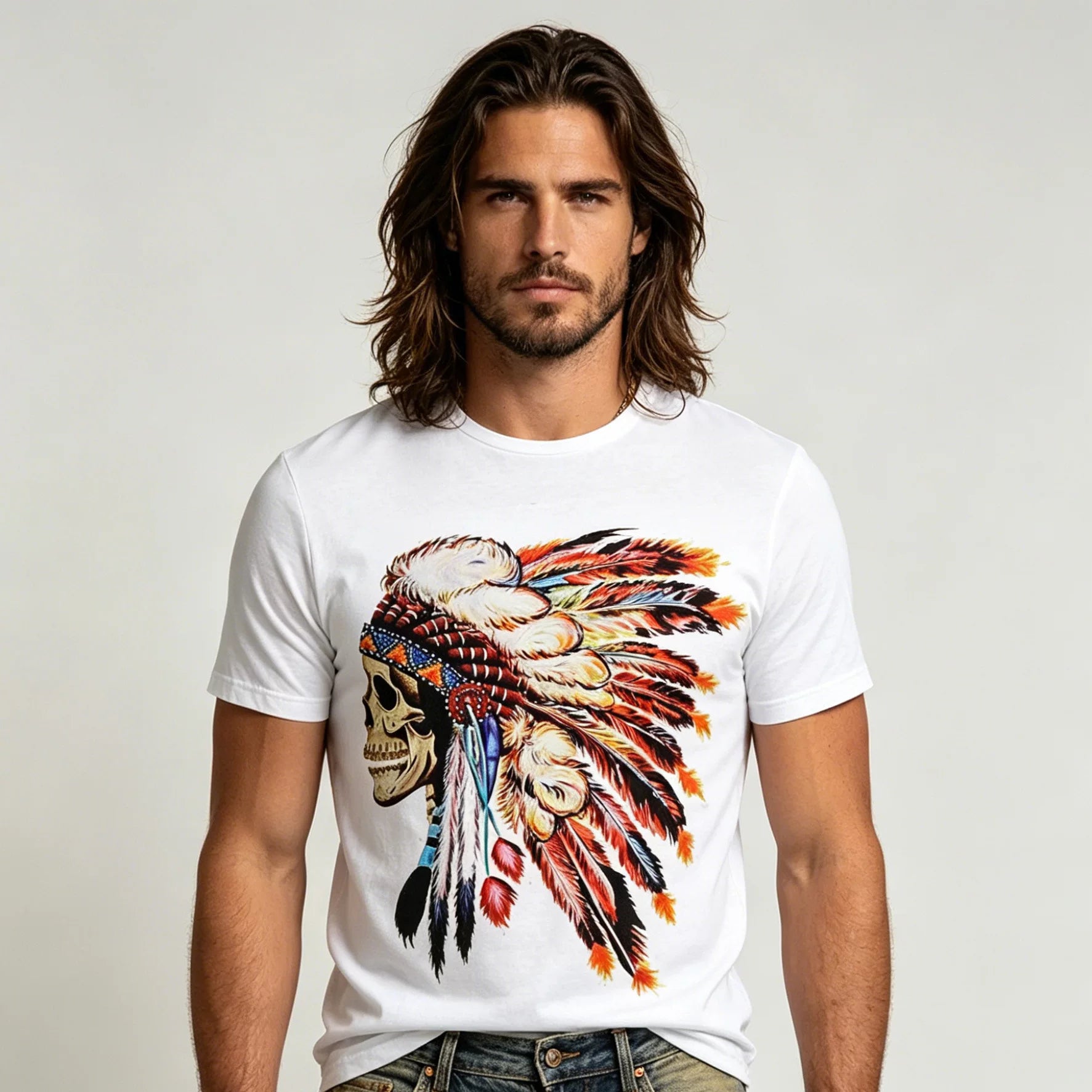 American Trendy Punk Rock Hip Hop Western Cowboy Primitive Indian Head Skull Short Sleeve T-shirt Male