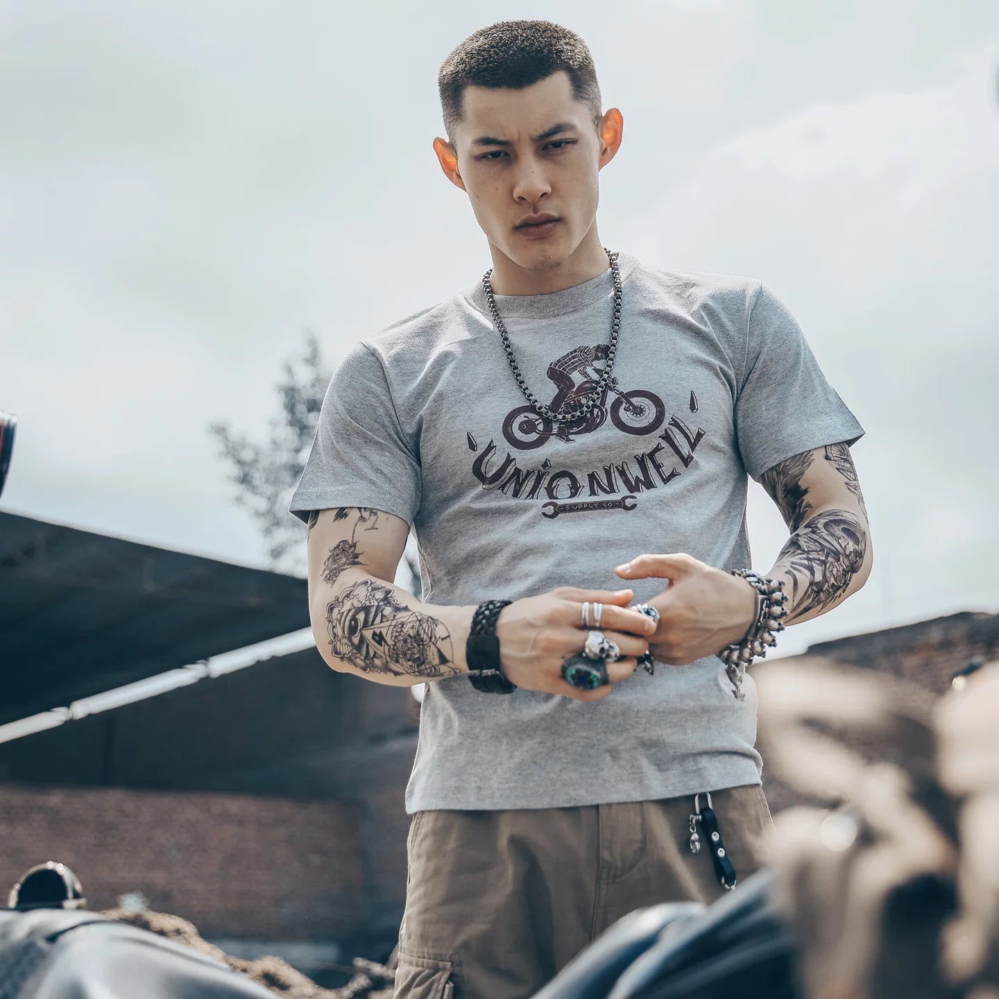 American retro Amei Kaji Street Heavy Motorcycle Motorcycle Rock Style Skull Short Sleeve T-shirt Vintage Men