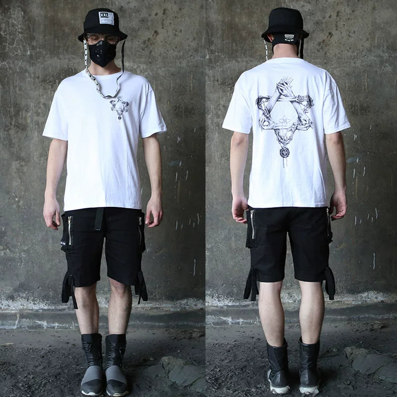 Pioneer Dark Designer High Street Rock Tattoo Hairstylist Tattoo Skeleton Rock Pentagram Short Sleeve T-shirt Male