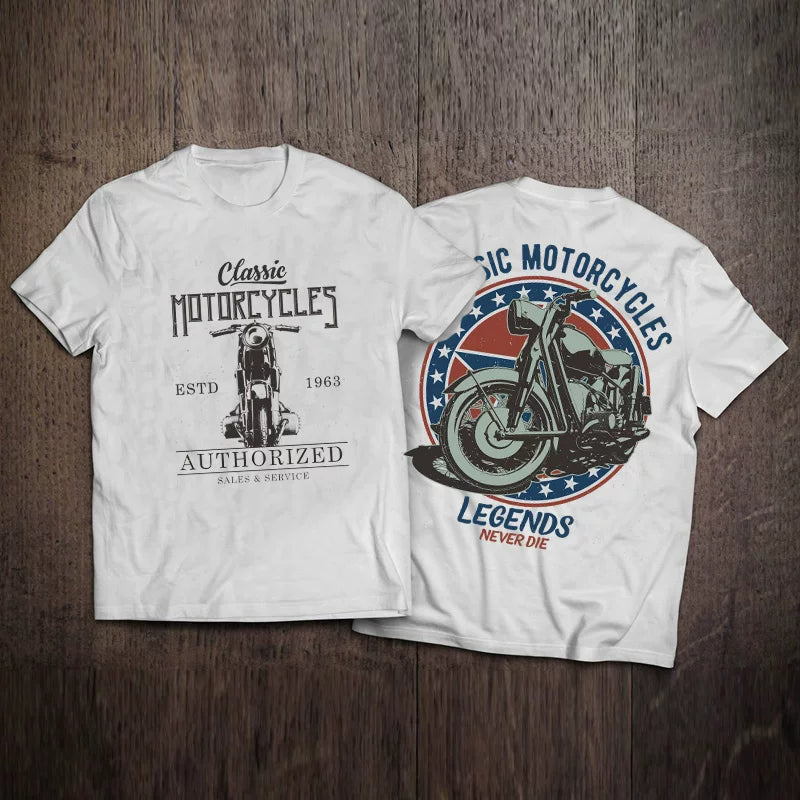Heavy duty nostalgic short sleeved T-shirt for men in summer, made of pure cotton with retro motorcycle printing, featuring a shoulder round neck and half sleeved T-shirt for men