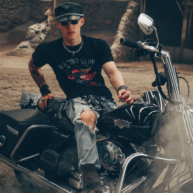 American style free and unrestrained heavy motorcycle t-shirt, tough guy skeleton rider, metal rock, Amikaji short sleeved shirt