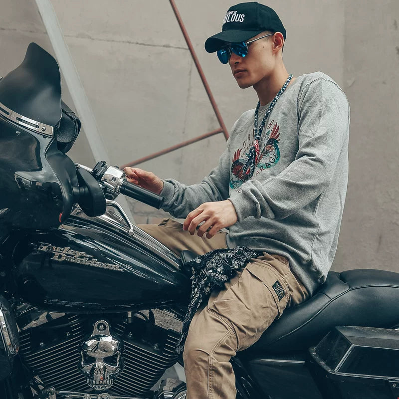 American retro vintage washed Amikaji printed motorcycle hoodie, Japanese vintage men's round neck trendy brand fur loop