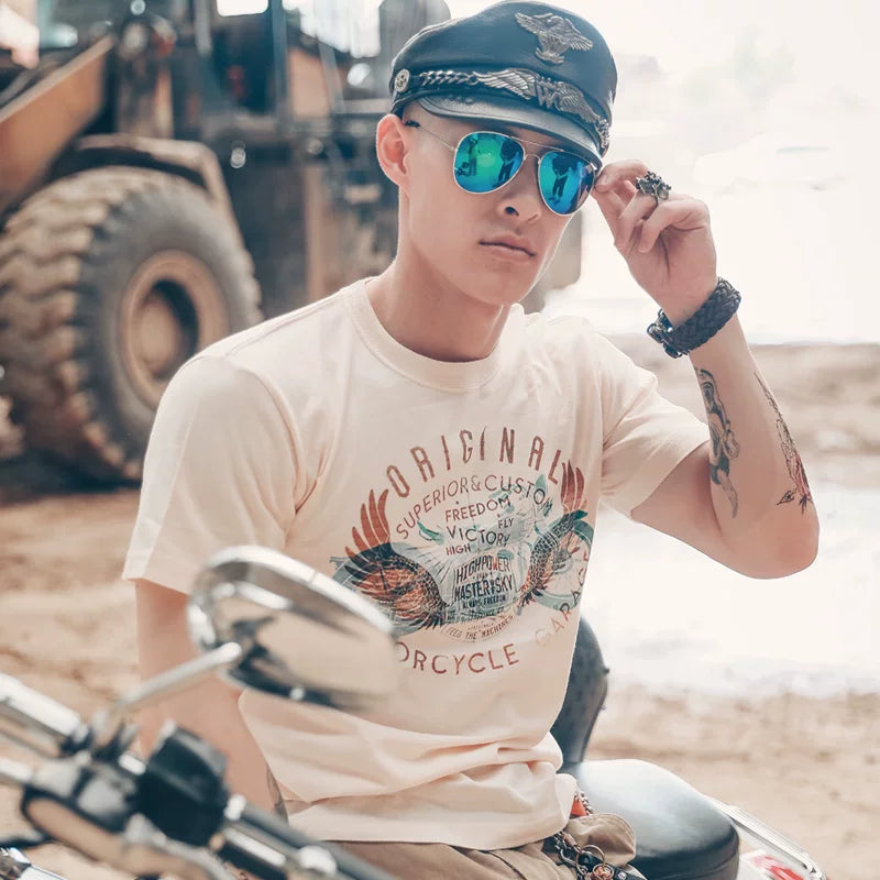 European and American trendy short sleeved West Coast street retro Amikaji motorcycle Western denim T-shirt skull print for men
