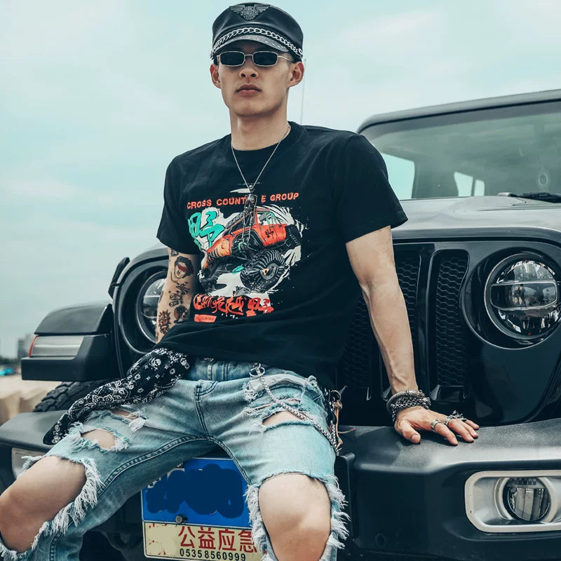 European and American trendy 3D 3D short sleeved T-shirt with men's printed hardcore off-road vehicle four-wheel drive Alashan Hero Club off-road e-tribe