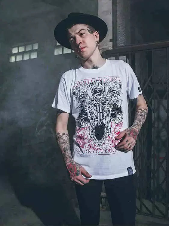 European and American alternative avant-garde rock decadent style skull print t-shirt for men with personality, teenage style, men's brother outfit