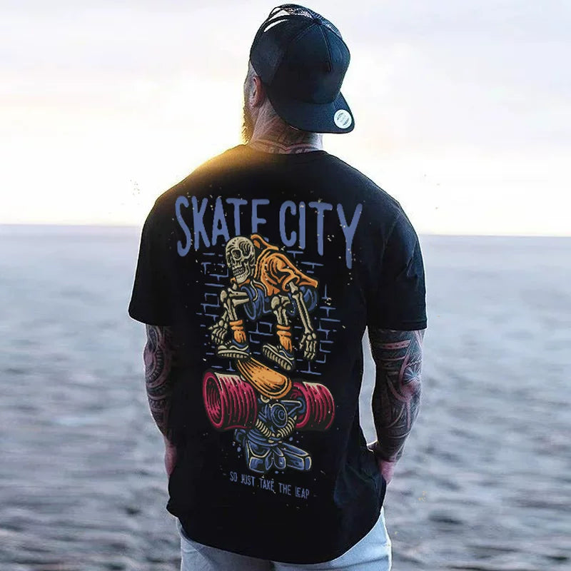 American Retro Hiphop Dark High Street Skeleton Skateboarding Short Sleeve T-shirt Summer Hip Hop Thin Ice Cool Ice Silk Cotton