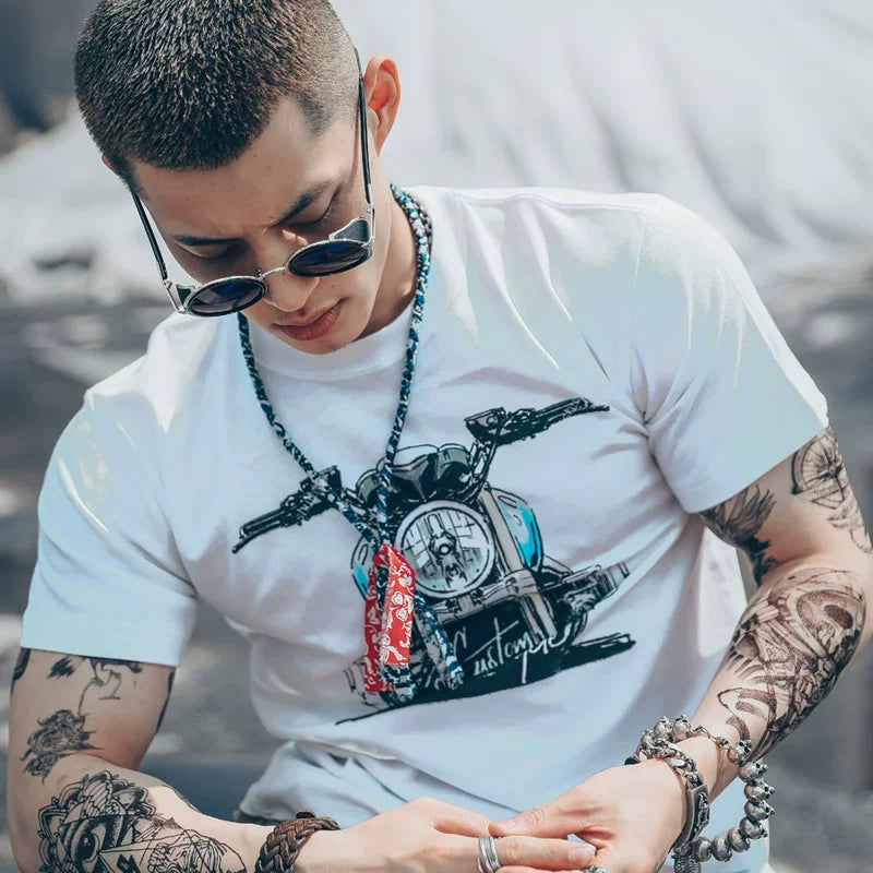European and American retro Korean version retro ulzzang trendy brand off-road motorcycle motorcycle half sleeved pure cotton short sleeved T-shirt male personality