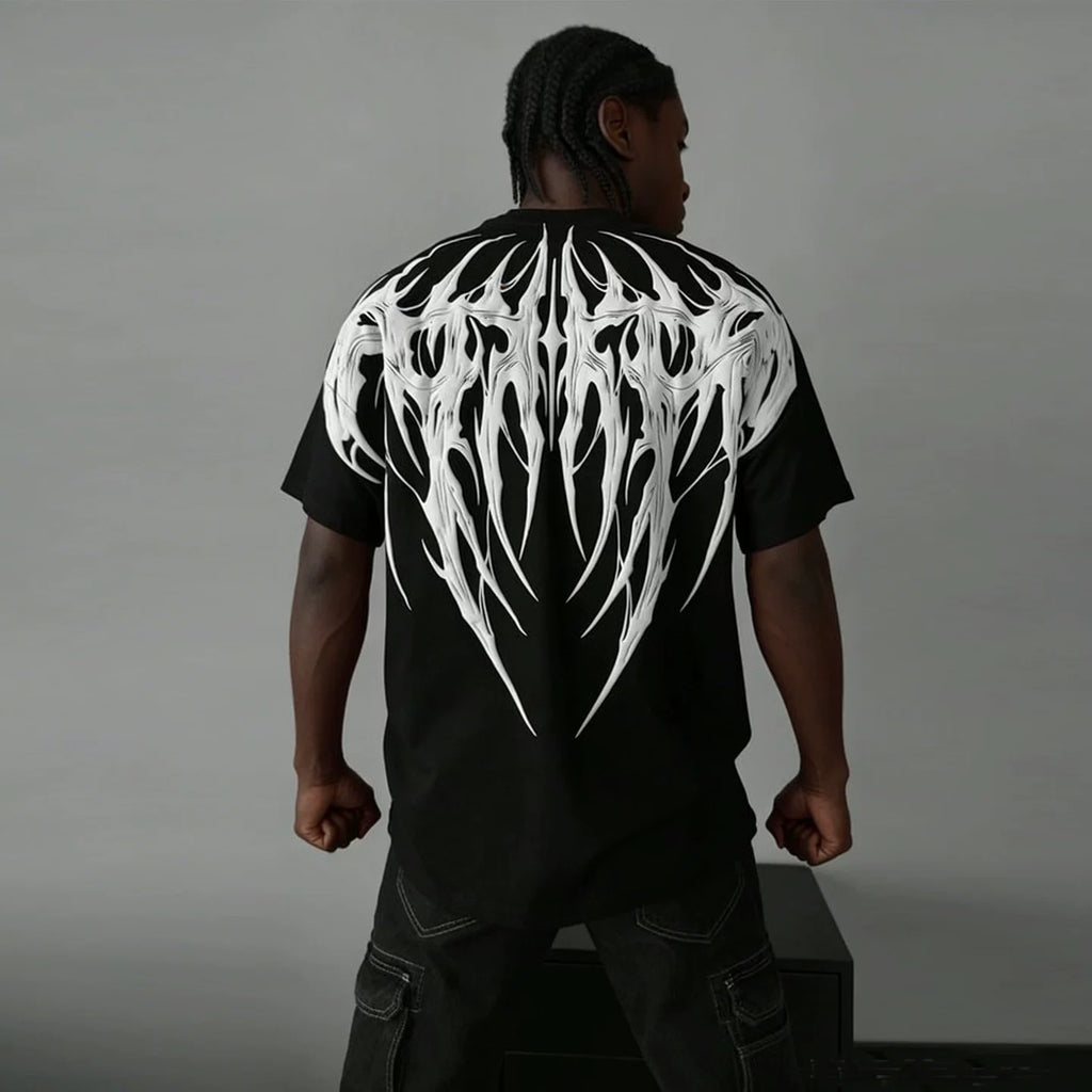 Men's T-shirt High Street Dark Design Back Wings Rock Band Printed American Heavy Cotton Men's Short Sleeve