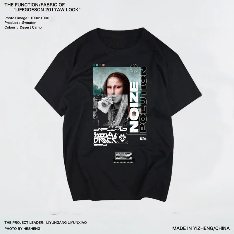 Short sleeved men's trendy brand t-shirt couple trend men's pure cotton versatile loose personality Mona Lisa oil painting design men