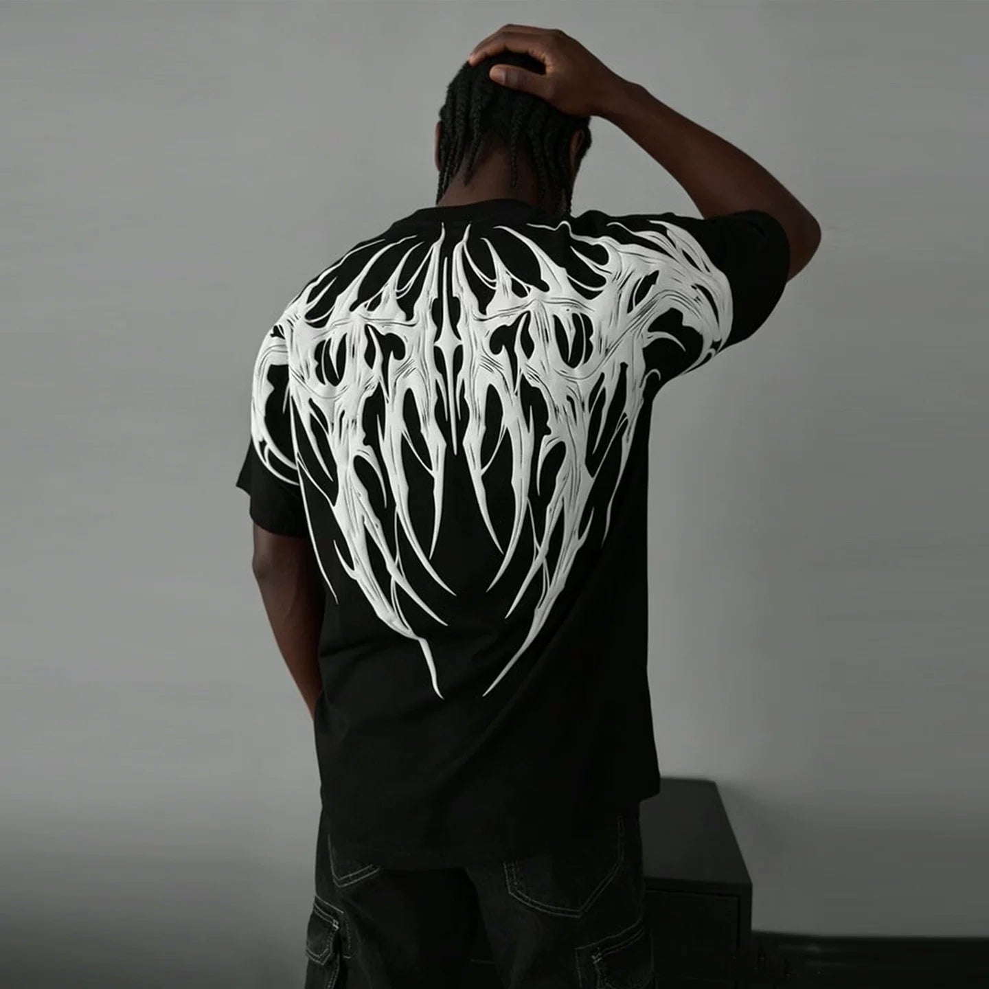 Men's T-shirt High Street Dark Design Back Wings Rock Band Printed American Heavy Cotton Men's Short Sleeve
