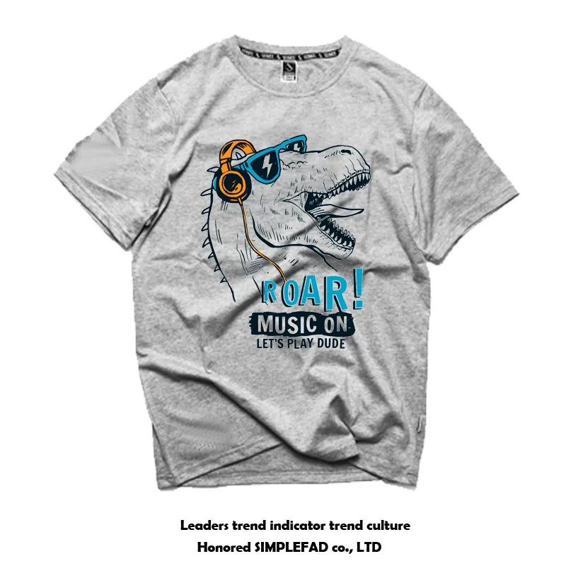 European and American men's short sleeved trendy brand t-shirt, retro casual original style dinosaur, some music buddy, high street cartoon couple