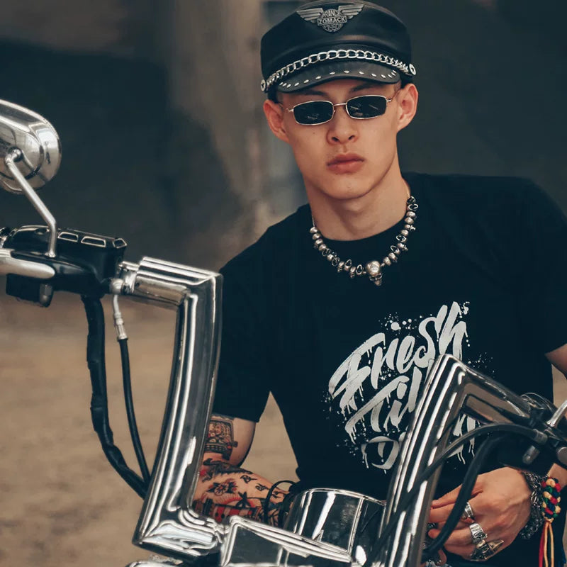 European and American trendy heavy metal rock band retro punk black short sleeved T-shirt motorcycle equipment loose print men