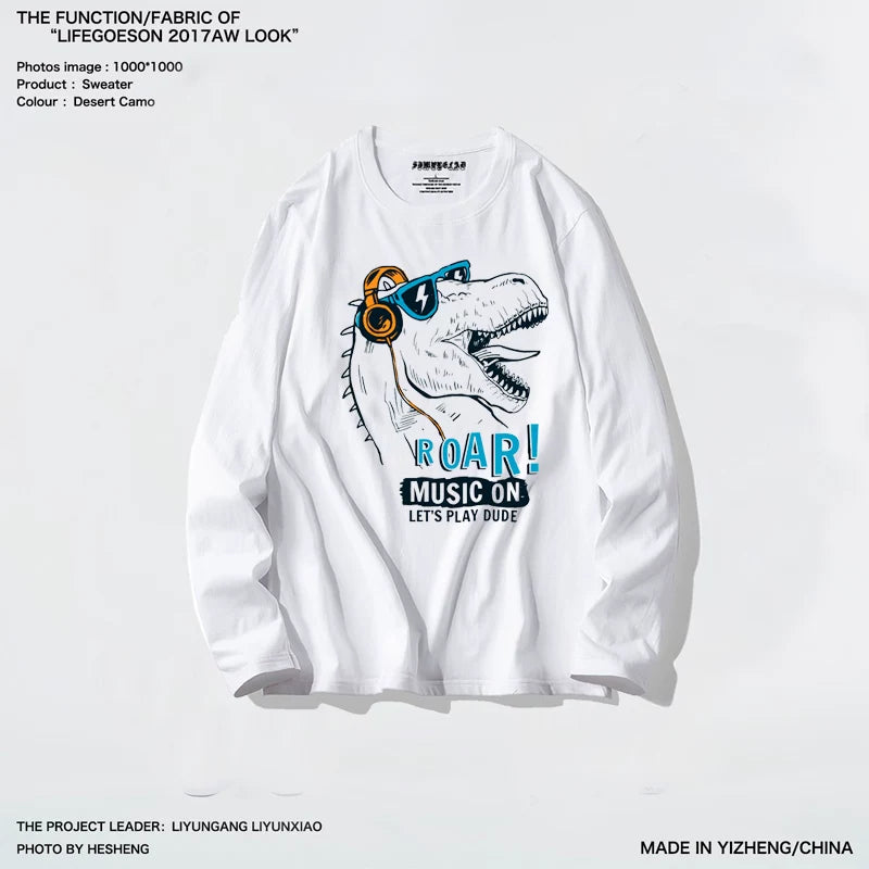 European and American men's short sleeved trendy brand t-shirt, retro casual original style dinosaur, some music buddy, high street cartoon couple