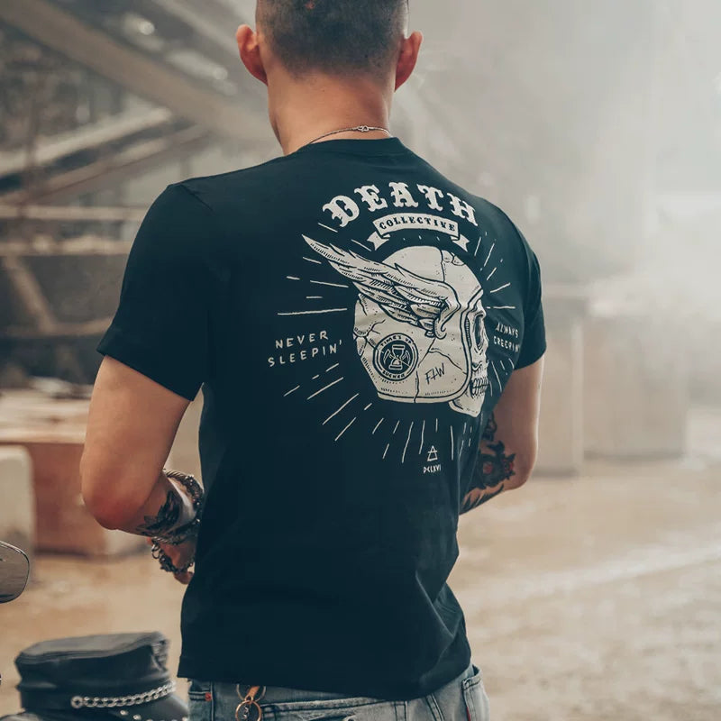 European and American Skull Men's Rock Heavy Motorcycle Work Clothes Short sleeved T-shirt Amikaji Fitness Hardcore Muscle Type Male