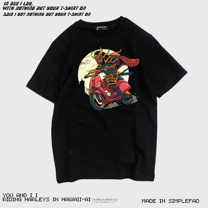 Japanese retro trend brand ukiyo-e motorcycle tattoo port style heavyweight samurai short sleeved men's t-shirt ins pure cotton trend