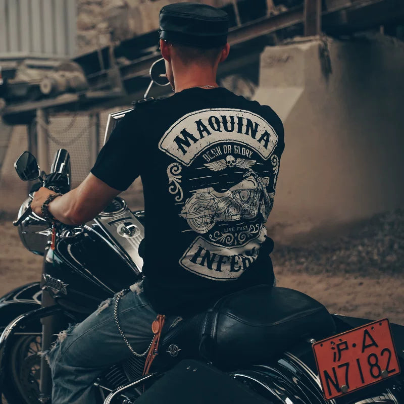 American style free and unrestrained heavy motorcycle t-shirt, tough guy skeleton rider, metal rock, Amikaji short sleeved shirt