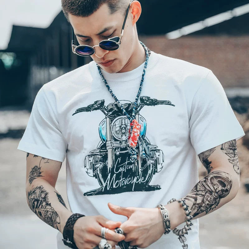 European and American retro Korean version retro ulzzang trendy brand off-road motorcycle motorcycle half sleeved pure cotton short sleeved T-shirt male personality