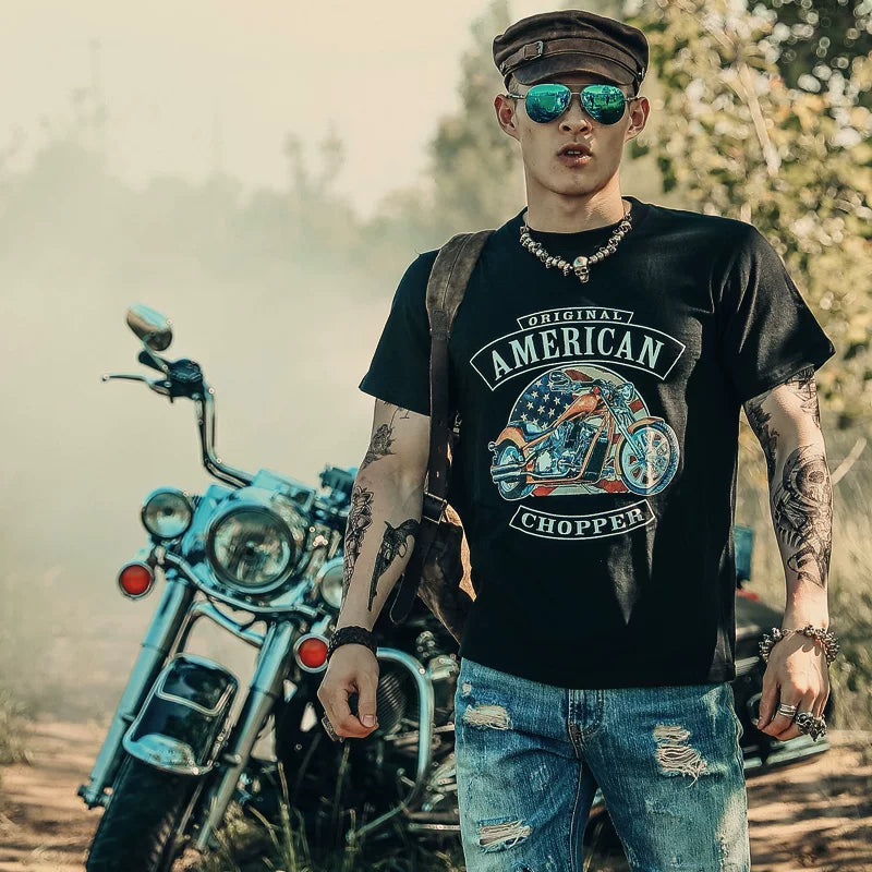 European and American style short sleeved t-shirt, Amekage print, skull head, rock, motorcycle, rider, street heavy motorcycle, male