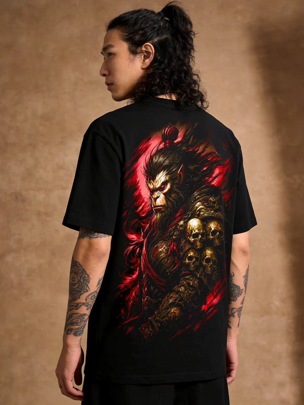 Dark 3D Animation Myth Wukong Printed Short Sleeve T-shirt Black Loose Heavy Weight Cotton Traditional China-Chic