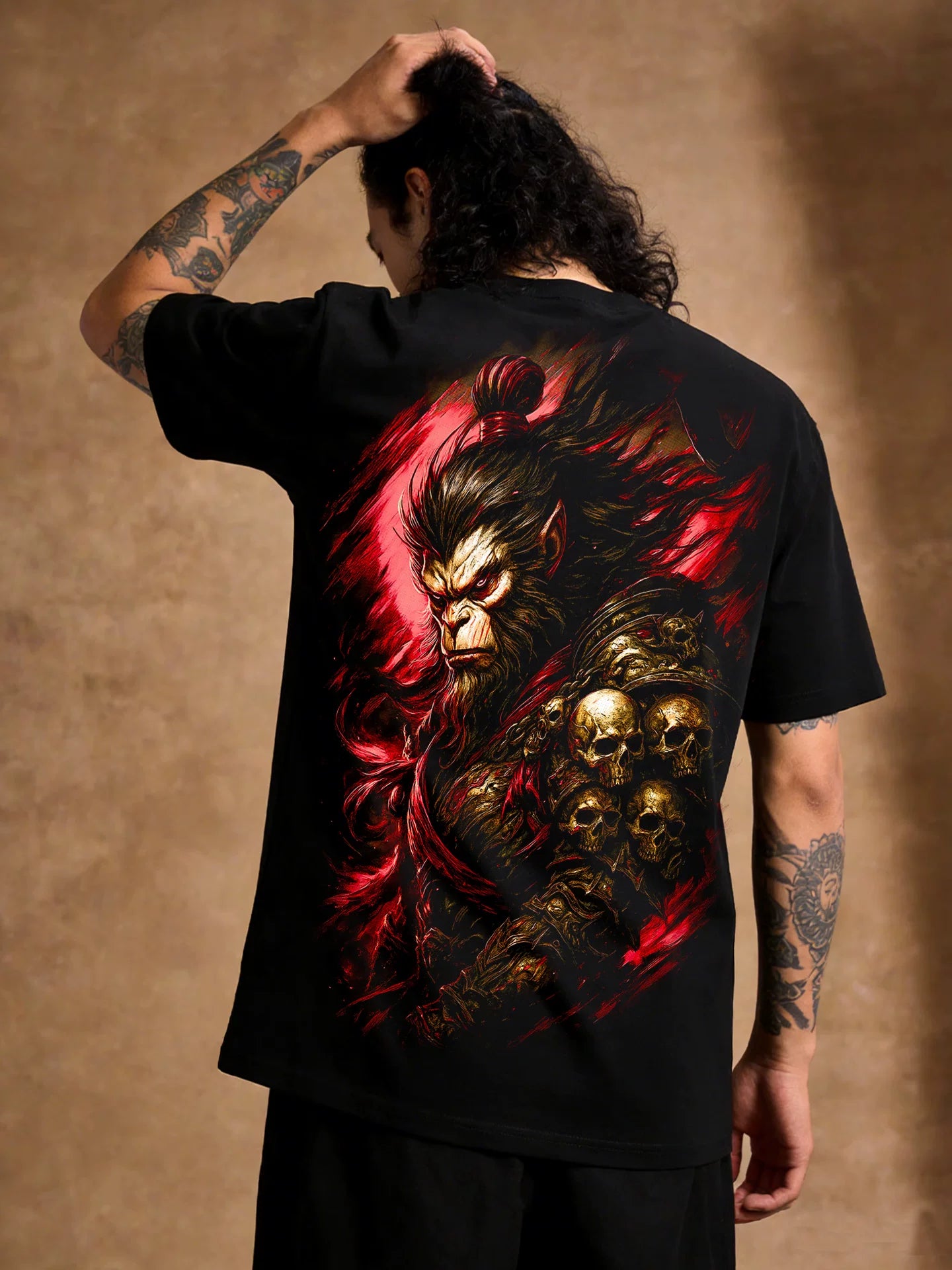 Dark 3D Animation Myth Wukong Printed Short Sleeve T-shirt Black Loose Heavy Weight Cotton Traditional China-Chic