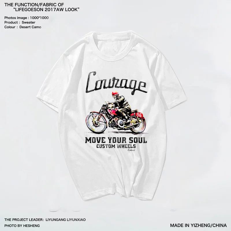 Hand drawn European and American motorcycle racing, mobile phone car printing pattern, pure cotton trendy short sleeved T-shirt, off-road riding MOTO