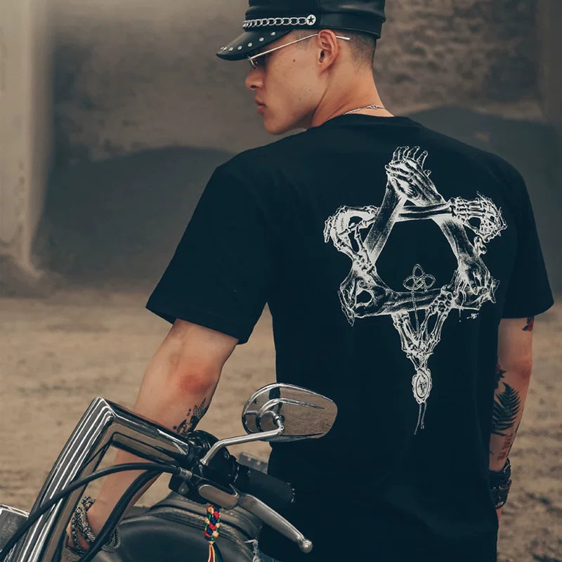 Pioneer Dark Designer High Street Rock Tattoo Hairstylist Tattoo Skeleton Rock Pentagram Short Sleeve T-shirt Male