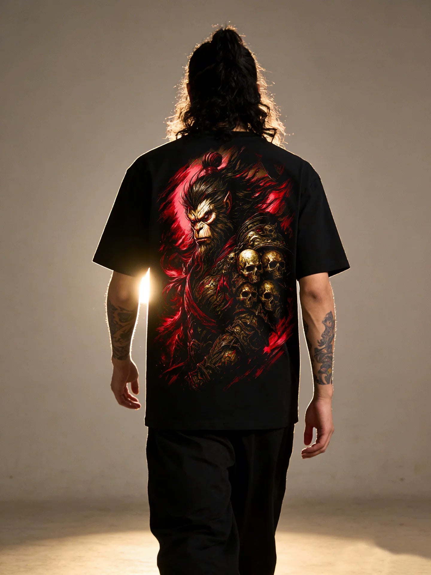 Dark 3D Animation Myth Wukong Printed Short Sleeve T-shirt Black Loose Heavy Weight Cotton Traditional China-Chic