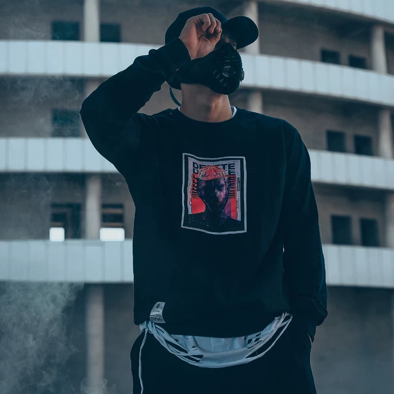 European and American trendy round neck hoodie, dark rock, skull punk, retro cyberpunk style, men's velvet print, vintage