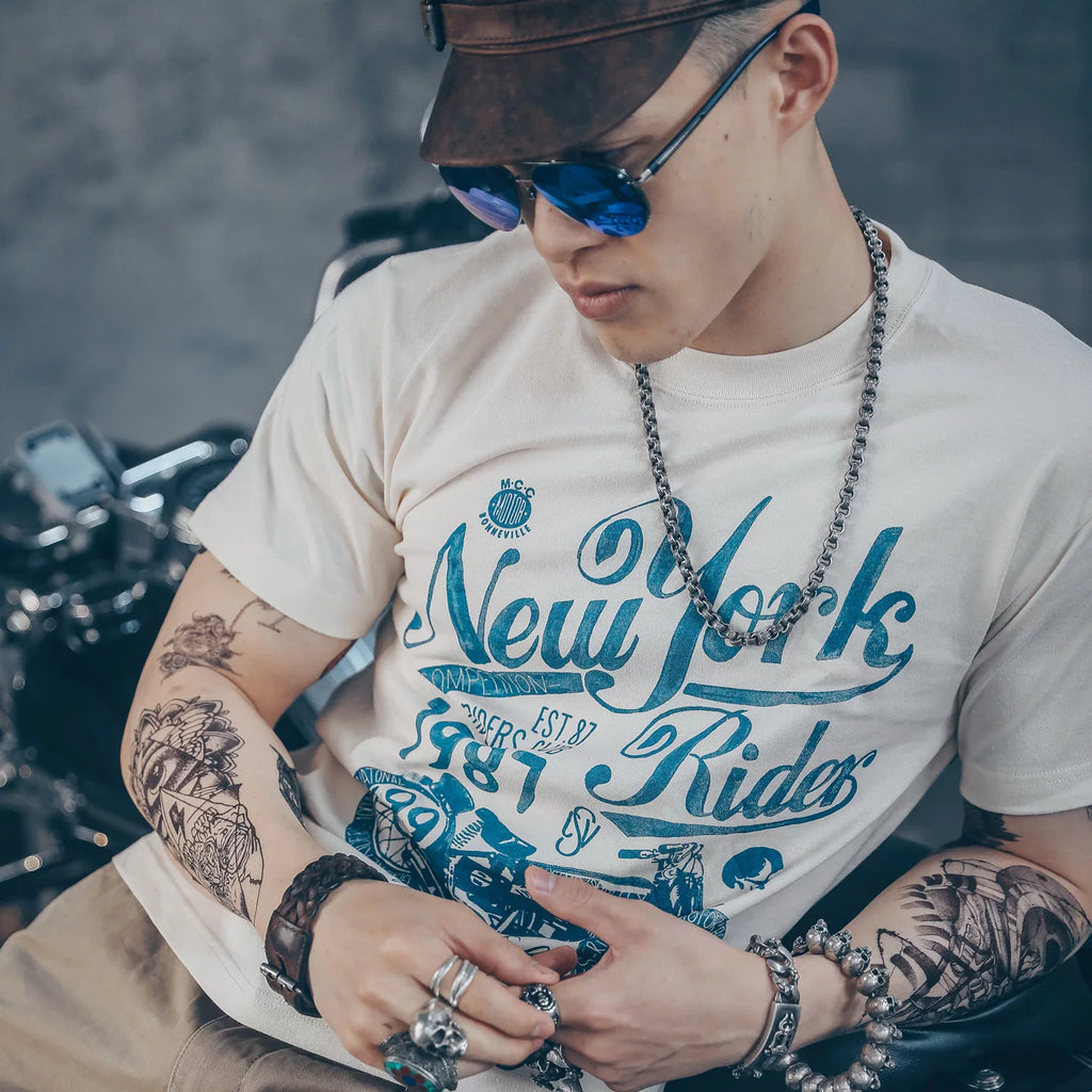 Amikaji American retro Japanese heavyweight pure cotton rock motorcycle T-shirt short sleeved men's European and American punk street TEE