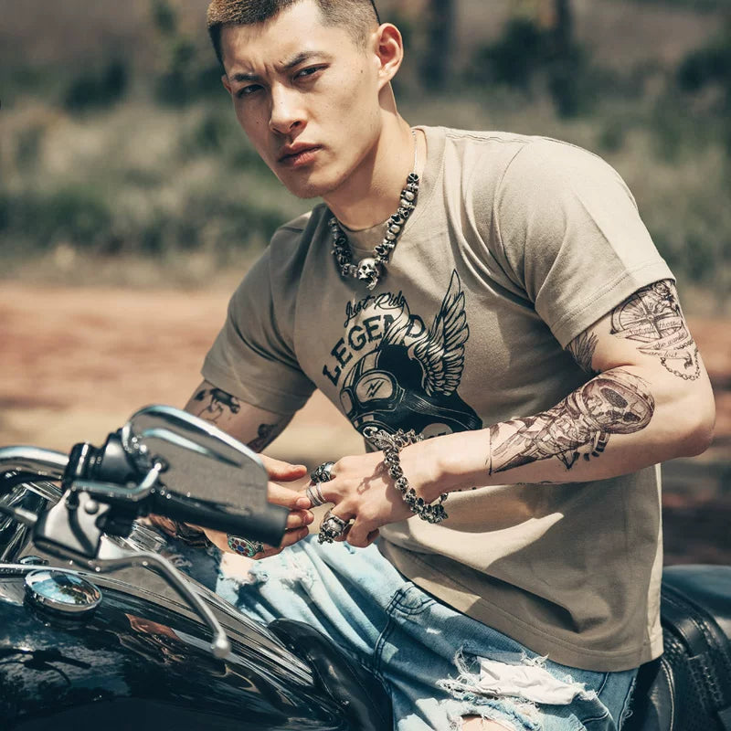 Japanese craftsman retro motorcycle rider Amikaji heavyweight thick Japanese pure cotton rock motorcycle T-shirt short sleeved