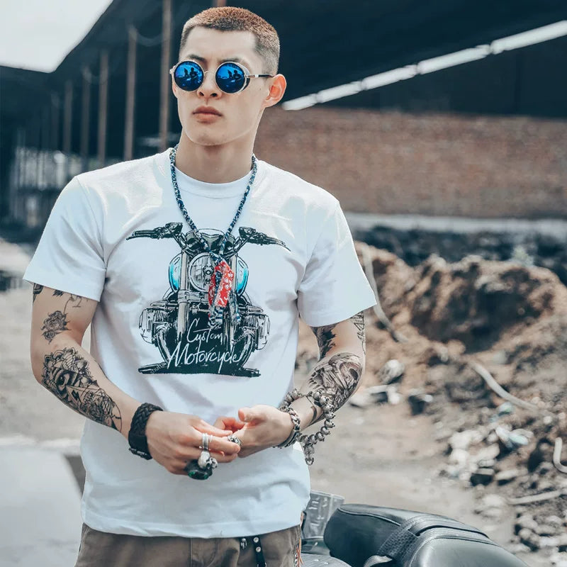 European and American retro Korean version retro ulzzang trendy brand off-road motorcycle motorcycle half sleeved pure cotton short sleeved T-shirt male personality