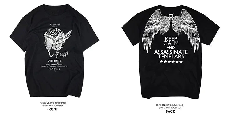Thailand Trendy 3D mb wing t-shirt skull head punk rock band short sleeved man Harajuku style